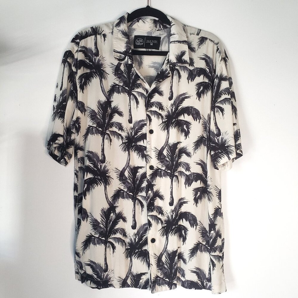 360 SURF Palm Tree Tropical Hawaiian Shirt Black Blue on Cream White
